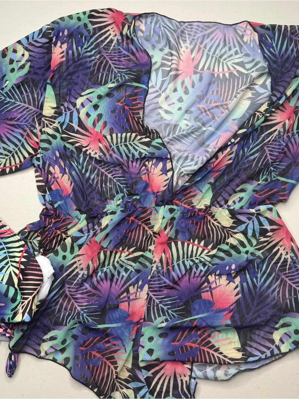 Tropical 3 Piece Bikini & Sheer Cover Up Romper Size New